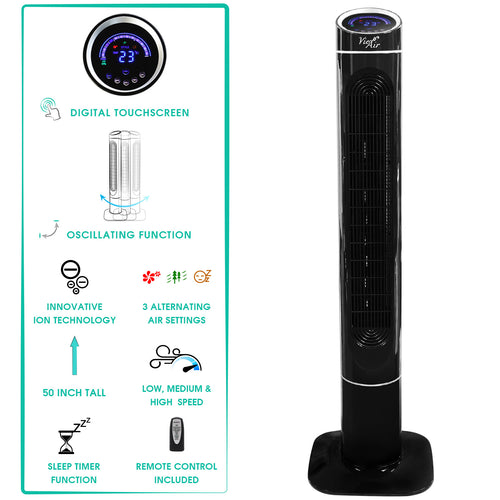 Vie Air  50 Inch Luxury Digital 3 Speed High Velocity Tower Fan with Fresh Air Ionizer and Remote Control in Black